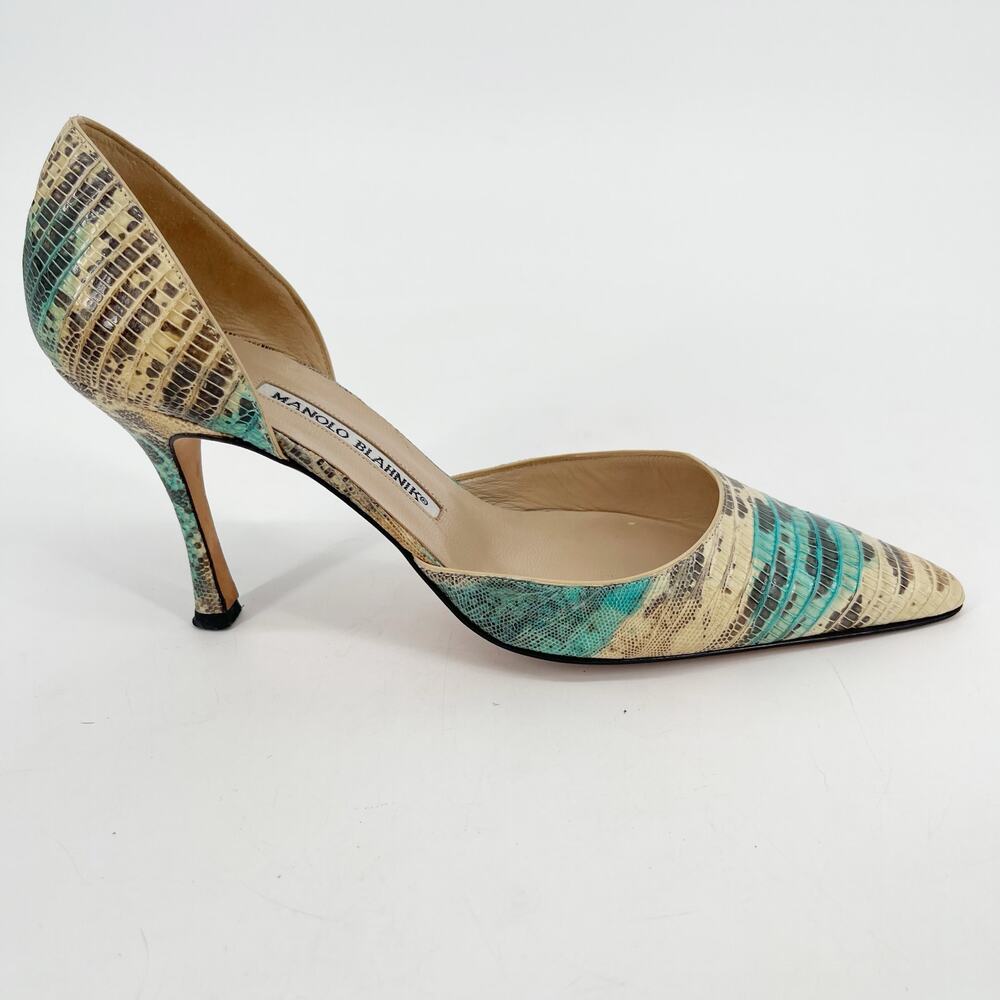 Manolo Balhnik Retro Turquoise Teju Lizard Pointed Toe D'Orsay Heel IT 39.5 - Picture 3 of 11